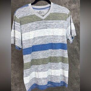 American Rag Striped V-Neck Tee | Blue Green Grey | Size M